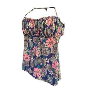 Hobie Royal Blue Daisy Floral Sheered Bandau Tankini Size Large Swimwear